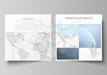 The minimalistic vector illustration of the editable layout of two square format covers design templates for brochure, flyer, booklet. World globe on blue. Global network connections, lines and dots