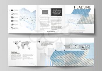 Set of business templates for tri fold square design brochures. Leaflet cover, abstract flat layout, easy editable vector. Blue color abstract infographic background in minimalist style made from line