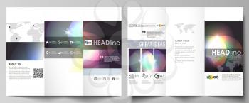 Tri-fold brochure business templates on both sides. Easy editable abstract vector layout in flat design. Retro style, mystical Sci-Fi background. Futuristic trendy design.