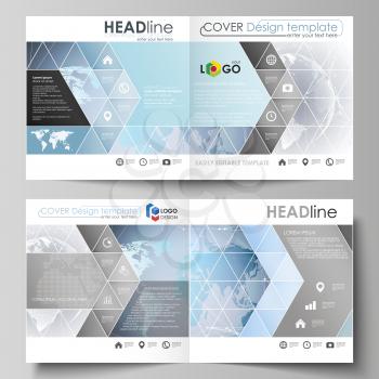 The vector illustration of the editable layout of two covers templates for square design bi fold brochure, magazine, flyer, booklet. Technology concept. Molecule structure, connecting background