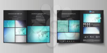The black colored vector illustration of the editable layout of two A4 format modern covers design templates for brochure, flyer, booklet. Molecule structure, connecting lines and dots. Technology con