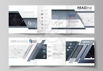 Set of business templates for tri fold square design brochures. Leaflet cover, abstract flat layout, easy editable vector. Abstract infographic background in minimalist style made from lines, symbols,