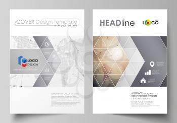 The vector illustration of the editable layout of two A4 format covers with triangles design templates for brochure, flyer, booklet. Global network connections, technology background with world map