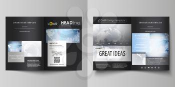 The black colored vector illustration of the editable layout of two A4 format modern covers design templates for brochure, flyer, booklet. Technology concept. Molecule structure, connecting background