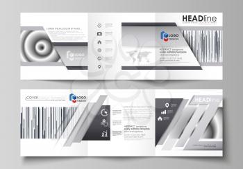Set of business templates for tri fold square design brochures. Leaflet cover, abstract flat layout, easy editable vector. Simple monochrome geometric pattern. Minimalistic background. Gray color shap