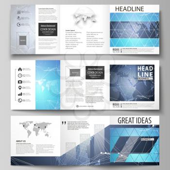 The minimalistic vector illustration of the editable layout. Three creative covers design templates for square brochure or flyer. Abstract global design. Chemistry pattern, molecule structure