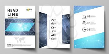 The vector illustration of the editable layout of three A4 format modern covers design templates for brochure, magazine, flyer, booklet. Abstract global design. Chemistry pattern, molecule structure
