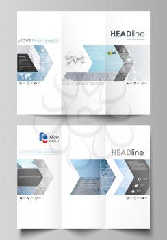 The minimalistic abstract vector illustration of the editable layout of two creative tri-fold brochure covers design business templates. Technology concept. Molecule structure, connecting background