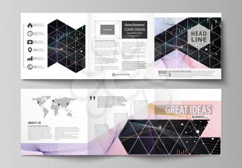 Set of business templates for tri fold square design brochures. Leaflet cover, abstract flat layout, easy editable vector. Colorful abstract infographic background in minimalist style made from lines,
