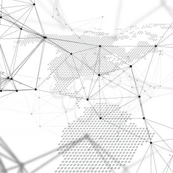 Abstract futuristic network shapes. High tech background with connecting lines and dots, polygonal linear texture. World map on white. Global network connections, geometric design, dig data technology digital concept.