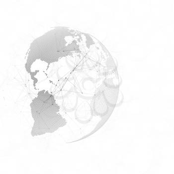 Abstract futuristic network shapes. High tech background, connecting lines and dots, polygonal linear texture. Black world globe on white. Global network connections, geometric design, dig data concept