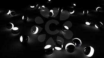Neon balls on a black background. Abstract chaotic glowing spheres. Futuristic background. Hi-res illustration for your brochure, flyer, banner designs and other projects. 3d render illustration