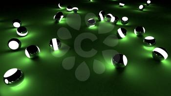 Neon balls on a green background. Abstract chaotic glowing spheres. Futuristic background. Hi-res illustration for your brochure, flyer, banner designs and other projects. 3d render illustration