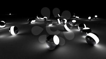 Neon balls on a black background. Abstract chaotic glowing spheres. Futuristic background. Hi-res illustration for your brochure, flyer, banner designs and other projects. 3d render illustration