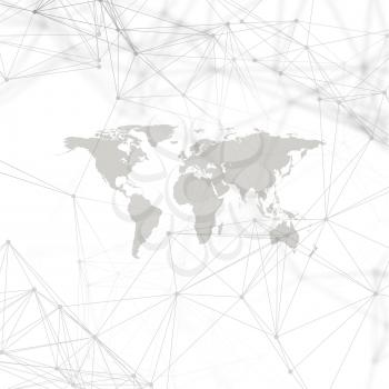 Abstract futuristic network shapes. High tech background, connecting lines and dots, polygonal linear texture. World map on white. Global network connections, geometric design, dig data concept
