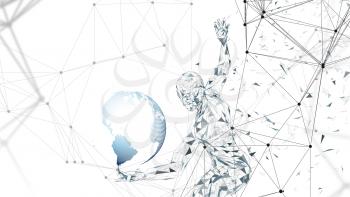 Conceptual abstract man with world globe. Connected lines, dots, triangles, particles on white background. Artificial intelligence concept. High technology vector, digital background. 3D render vector illustration