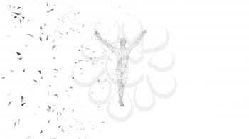 Conceptual abstract man with hands pointing up. Connected lines, dots, triangles, particles on white background. Artificial intelligence concept. High technology vector digital background