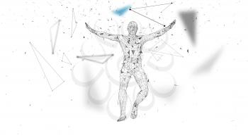Conceptual abstract man in a jump. Connected lines, dots, triangles, particles. Artificial intelligence concept. High technology vector, digital background. 3D render vector illustration