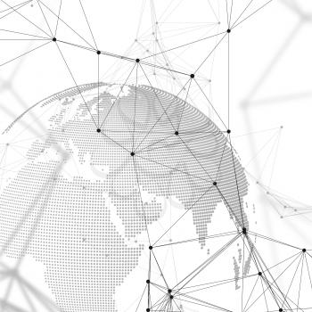 Abstract futuristic network shapes. High tech background with connecting lines and dots, polygonal linear texture. World globe on white. Global network connections, geometric design, dig data technology digital concept.
