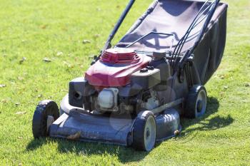 Modern gasoline lawn mower on a green meadow. Gardening equipment