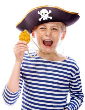 Close up portrait of angry pirate shouting. Isolated on white background