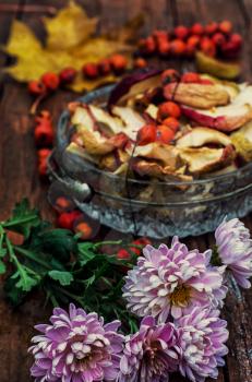 Autumn still life with dried apples in a rustic style.