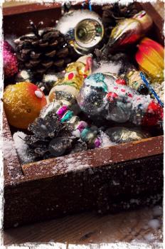 Christmas decorations in the old wooden box