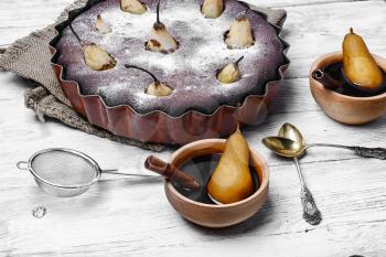 Coffee pastry pie with autumn pears and coffee with spices