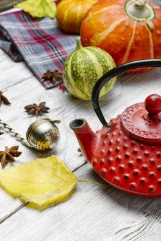 Red iron kettle,falling leaves and pumpkins on bright background