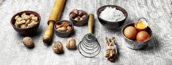 banner with baking ingredients for cooking.Eggs,brown sugar,nut and wheat flour.Copy space