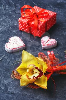 Symbolic hearts,gift and orchids Valentine day