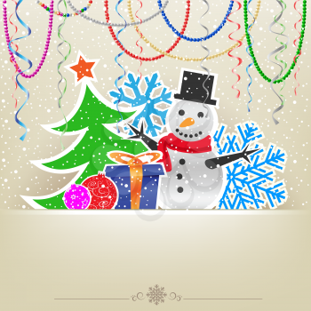 Christmas cartoon card with snowman, fir-tree, bauble, present, hanging baeds and ribbons on the light snow mesh background
