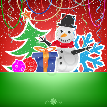 The Christmas card with ribbons, baeds, present, snowman, bauble, fir-tree, snowflake, on the red and green mesh backgrounds