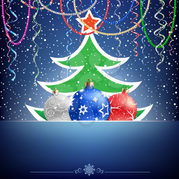 The Christmas tree and bauble on the blue mesh background