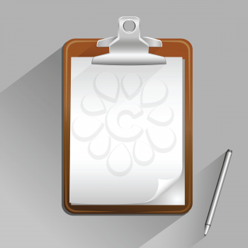 The brown clipboard with pen and top view shadow on the gray background