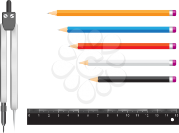 The tools isolated on a white background for geometry. Pencils, a ruler and a compasses