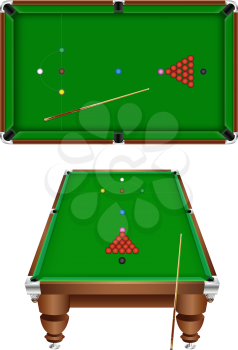 The snooker table with a cue and balls isolated on a white background