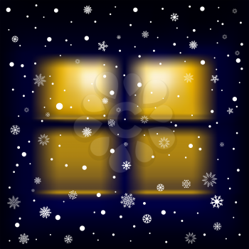 The night window and falling snow, winter theme.
