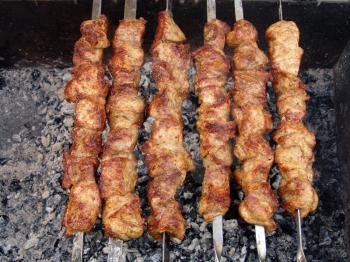 Process of preparation of a shish kebab, from uncooked to the cooked