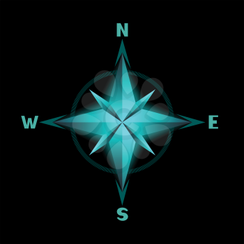 Compass wind rose which glows blue cyan color on a black background. The arrows shows North South East West direction