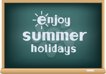 The text enjoy summer holidays on school blackboard on white background