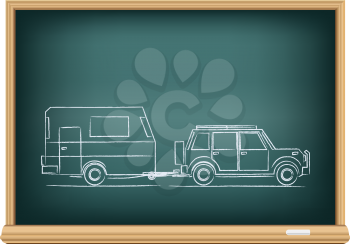 The camp car drawn on school blackboard on white background