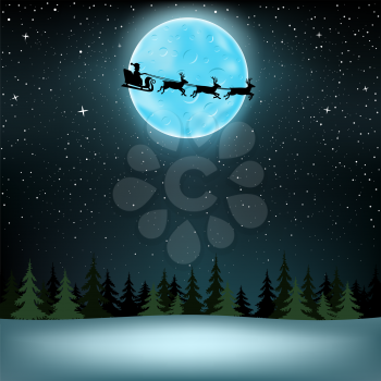 The Santa Claus with reindeer flying over night spruce wood, large blue moon and stars on background