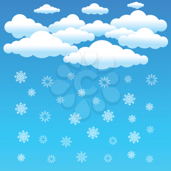 The cartoon clouds and snowflake falls on blue background. Winter time. Christmas and New Year eve