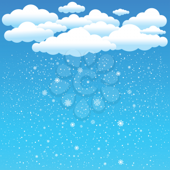 The simple cartoon clouds and snow falling on blue background. Winter time. Christmas and New Year eve