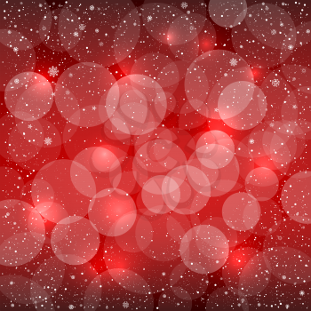 Holiday red snow background with sparkle bokeh circles. Christmas and New Year backdrop
