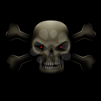 Realistic illustration of angry evil skull with red eyes and bones on dark background. Toxic symbol, poison sign