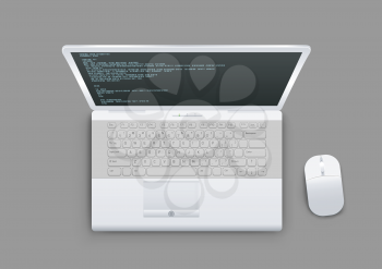 White modern laptop from above with shadow on gray background. Wireless computer monitor keyboard. Code on the screen