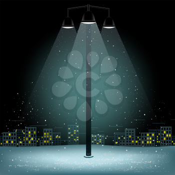 Christmas snow in lamp lights. Snowflakes falls on night city background. Big electric pillar with three lamps