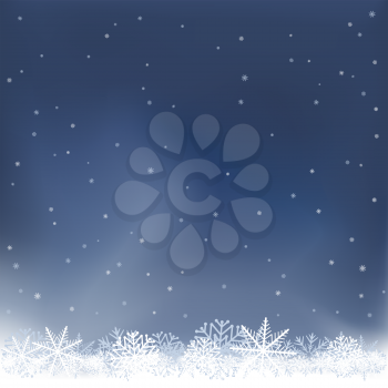 Winter night sky background with snow. Frosty close-up wintry snowflakes. Ice shape pattern. Christmas holiday decoration backdrop